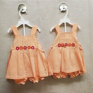 Twin Baby Crew Brand Tangerine/Peach Gingham Check Girls Jumpers in Size 18M